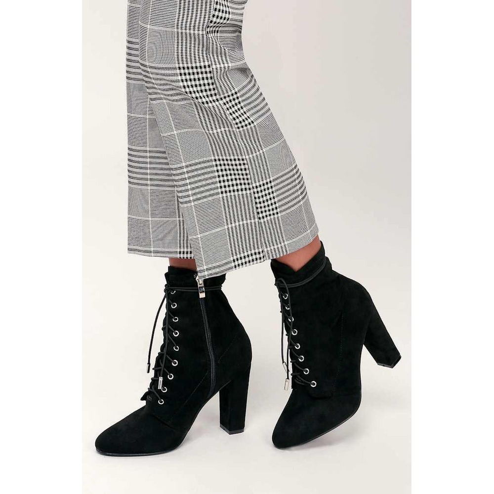 Lulus Soraka Black Suede Lace-Up Mid-Calf Block Heel Boots Size 7